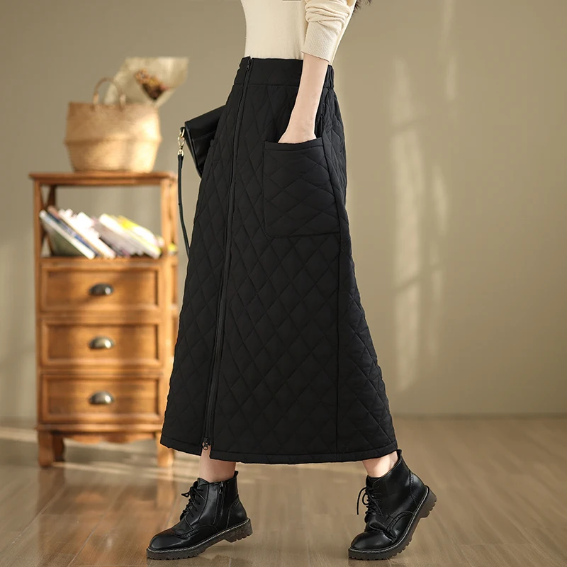 

Женская осенне-зимняя черная хлопковая стеганая юбка с карманами на молнии, женская однотонная толстая теплая стеганая длинная юбка с высокой талией