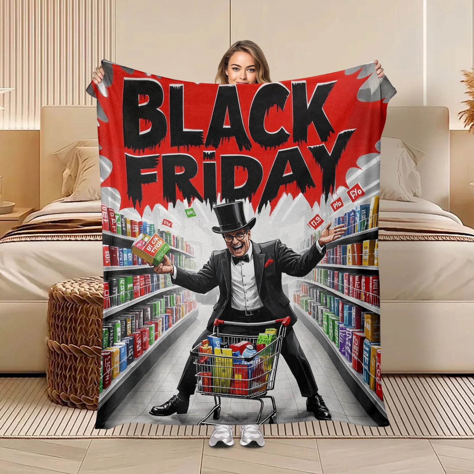 Joyful Cartoon Roles In A Store During Black Friday Blanket Enhances Holiday Atmosphere