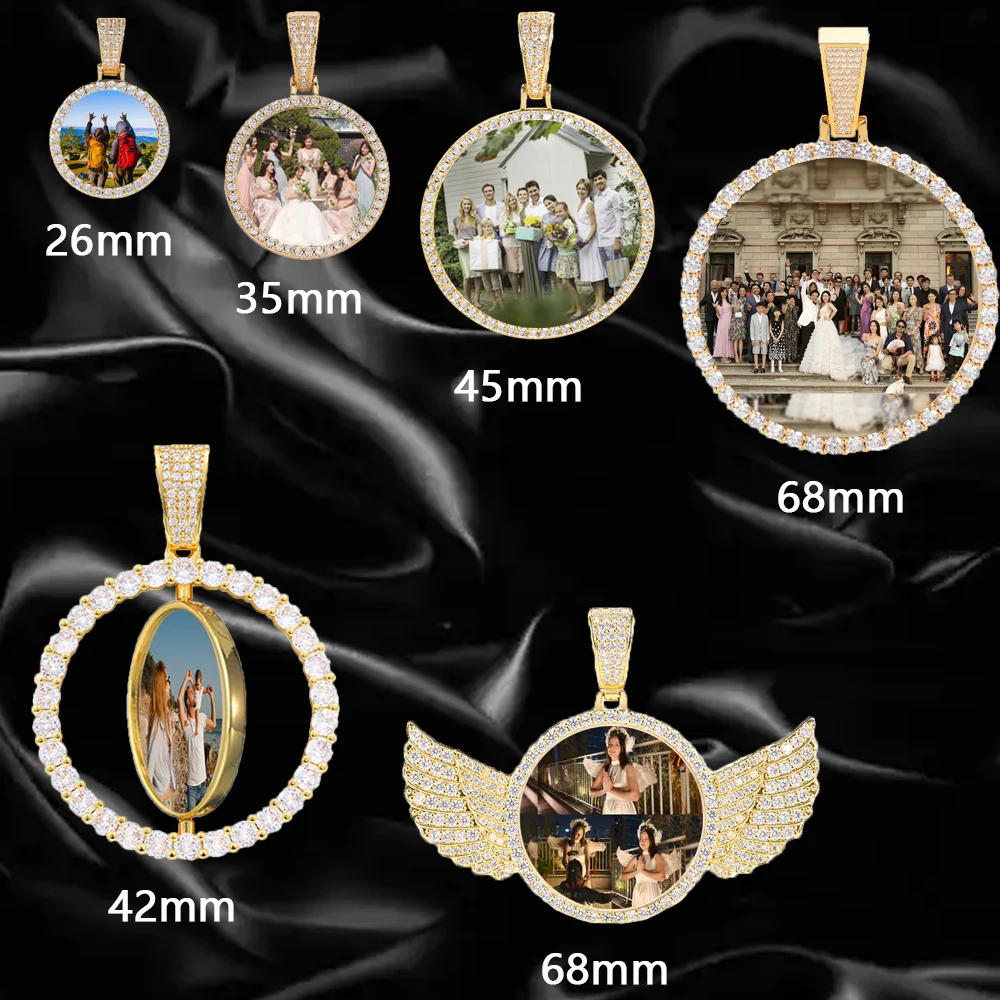 

HHIOK Customized Necklaces Circle Chain Picture Personalized Diamond Memory Pendant with Photo Wing Design Gift for Men Women