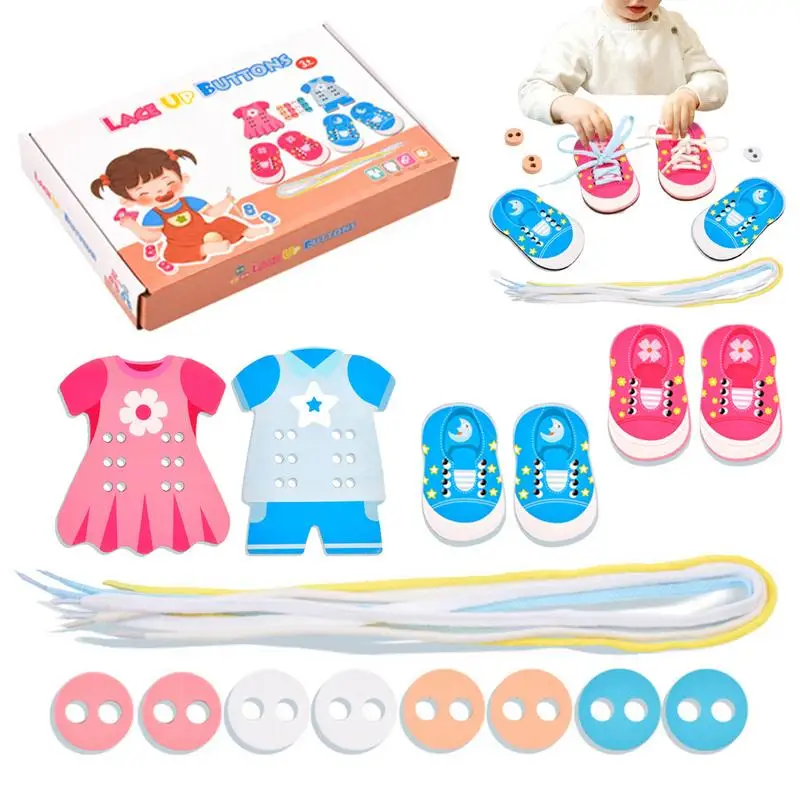 Lacing Training Early Learning Kits Wooden Threading Lacing Clothes Shoes Wooden Educational Threading Puzzles Set For Kids