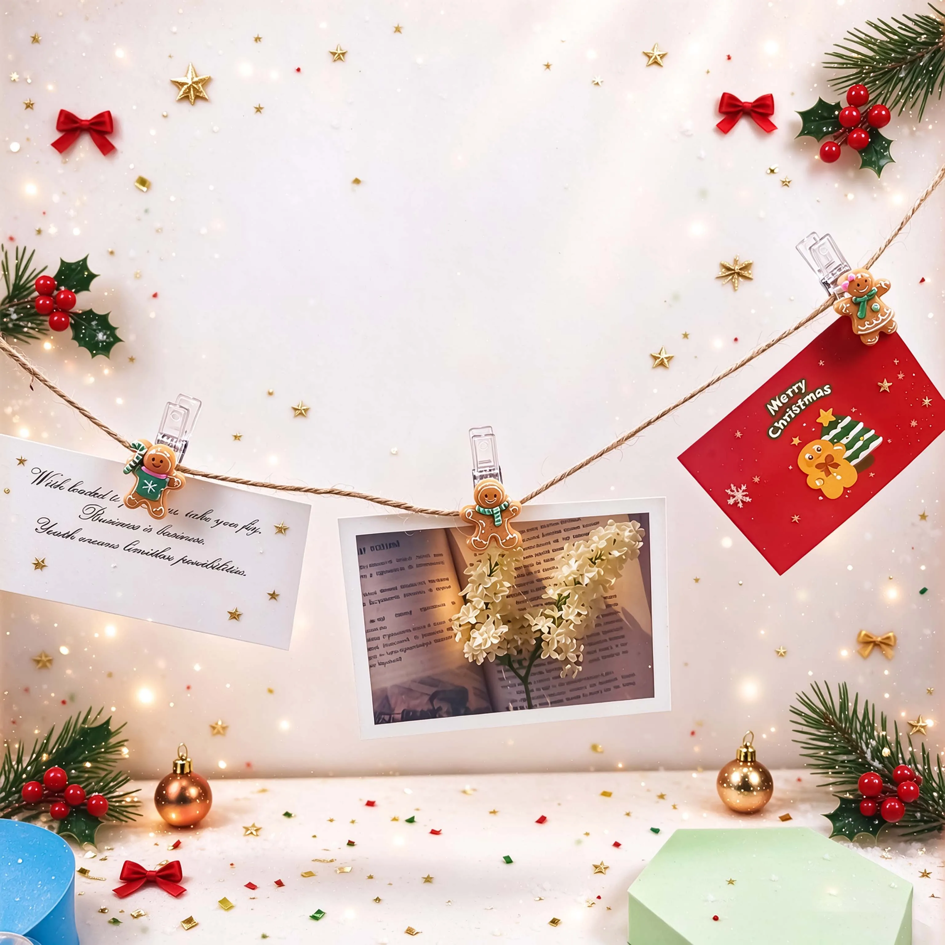 Christmas Gingerbread Man Photo Clips, Mini Plastic Pegs, Xmas Memo Card Holder, Wall Garland Hanging Decor