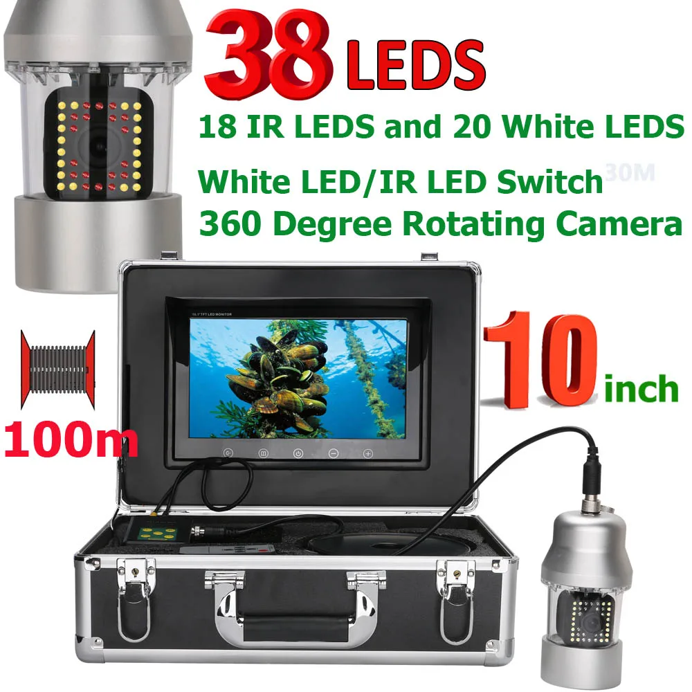 10 Inch 100m Underwater Fishing Video Camera Fish Finder IP68 Waterproof 38 LEDs 360 Degree Rotating Camera