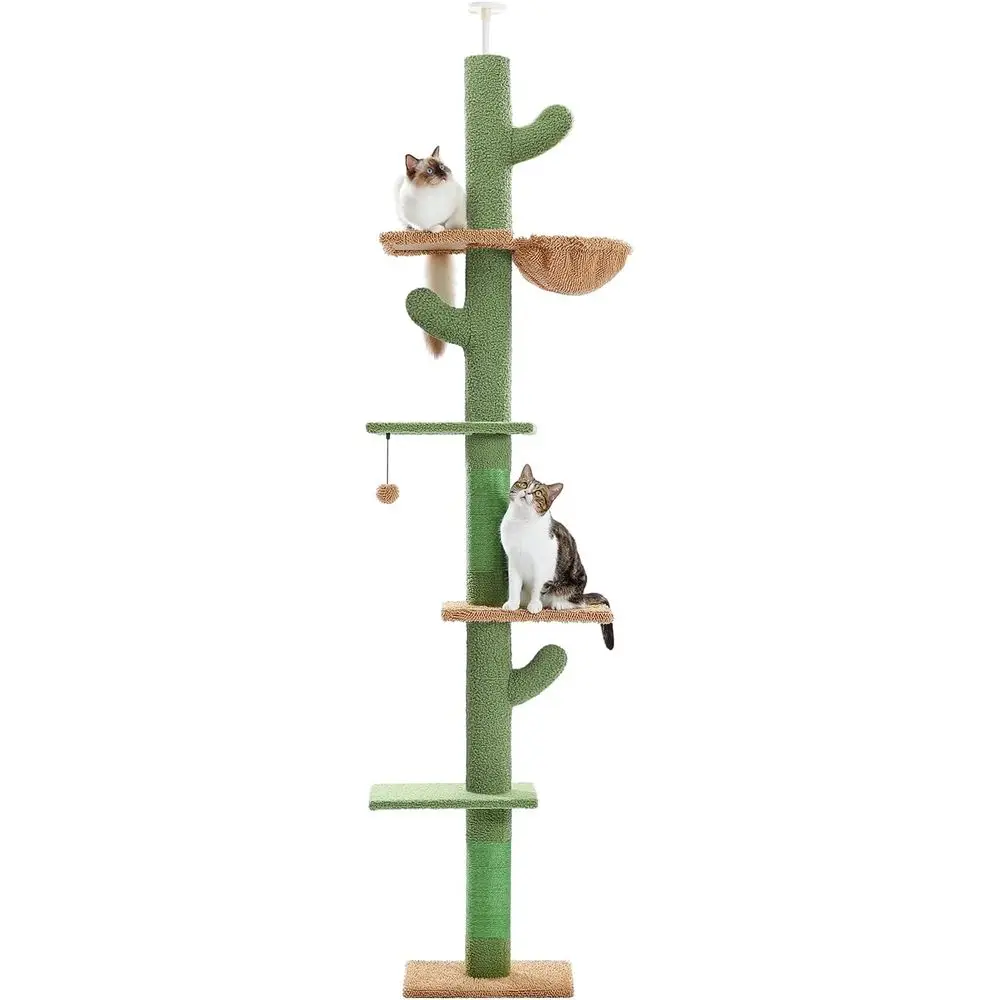 PAWZ Road Cat Tree, Cactus loor to Ceiling Cat Tower with Adjustable Height(95-108 Inches), 5 Level Cat ClimTower with Cozy Hamm