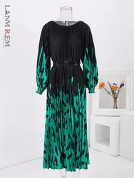 LANMREM Retro Print Pleated Long Dress For Women Lantern Sleeves Contrast Color Dresses Fashion 2024 Summer New Clothing 32C788