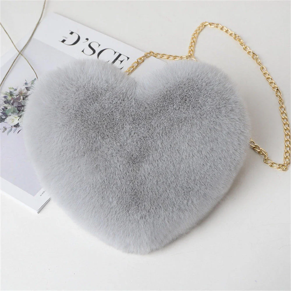 New Women's Heart Shaped Shoulder Bag Handbags Faux Fur Crossbody Bags Wallet Purse Cute Kawaii Plush Chain Lady Handbag 2024