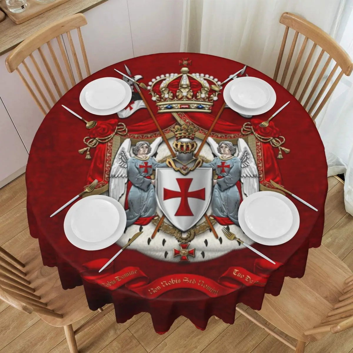 Knights Templar Flag With Coat Of Arms Round Tablecloths 60 Inches Medieval Warrior Cross Table Cover for Parties Table Cloth