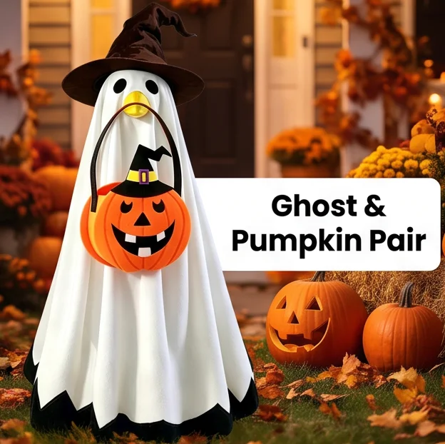 New Halloween Goose Lawn Costume Set 23-Inch Ghost Pumpkin Outfit Weatherproof Outdoor Yard Porch Decoration Figurine Set