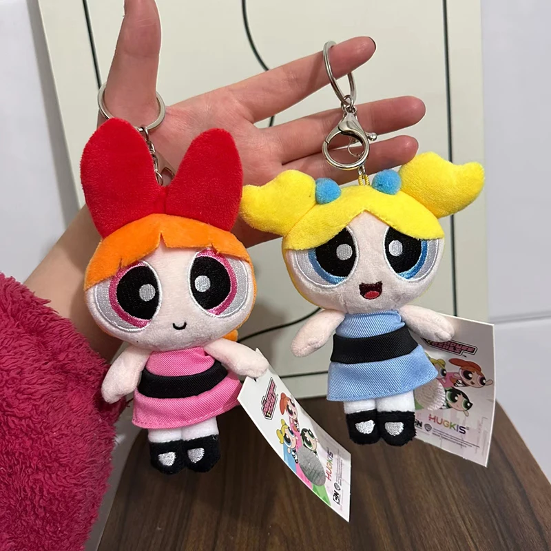 Echter 12–13 cm Powerpuff Girls 2-1 Plüsch-Schlüsselanhänger, Blasen, Butterblumen-Puppen-Anhänger, süßes Mädchen, Herz, Tasche, hängende Dekoration, Moe