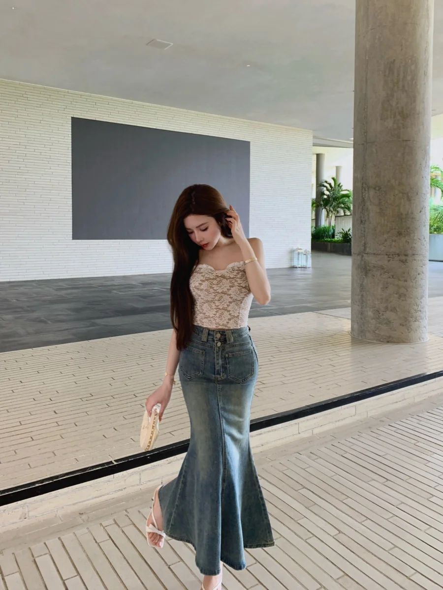 

Юбка JUNSTUDIO Waed Heavy Du Fi Tail F из денима средней длины с разрезом, женская, премиум-класса, модная, лето 2024