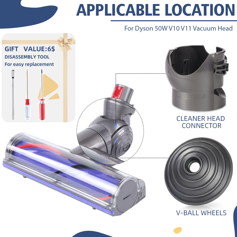 Ball Wheels + 50W Direct Drive Head Connector for Dyson V10 V11 Cleaner Head Part No.968266-02 949852-05
