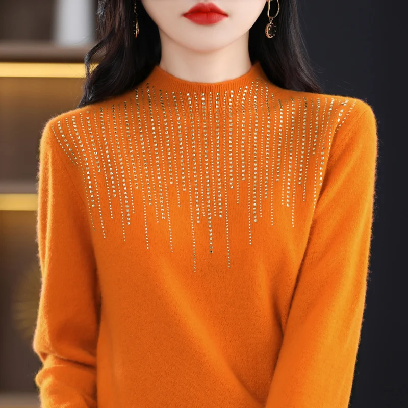 Autumn and winter new half-high collar 100% merino wool sweater women's sweater high-end pullover fashion diamond-encrusted top