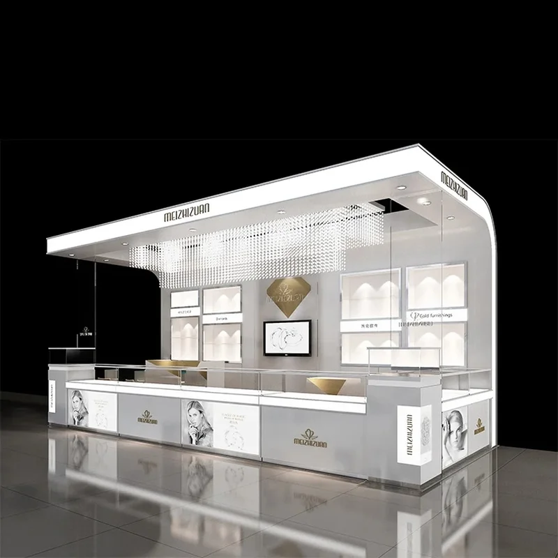 custom.Custom Modern Luxury LED Light Jewelry Showcase Small Shop Kiosk Mall Retail Store Glass Metal MDF Acrylic Material
