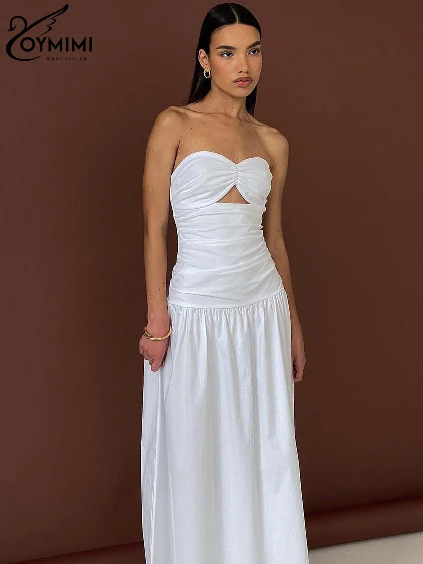 Oymimi Casual White Cotton Women\'s Dress Fashion Strapless Sleeveless Dresses Elegant High Waist Ankle-Length Dresses Streetwear