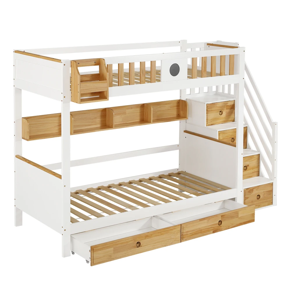 PINGGO Weißes Naturholz-Etagenbett 90x200cm mit Stauraum-Treppe, 4 Schränken, 2 Schubladen, offenem Regal, Fallschirmgitter, Kiefer+MDF, ohne Matratze – Detail 14
