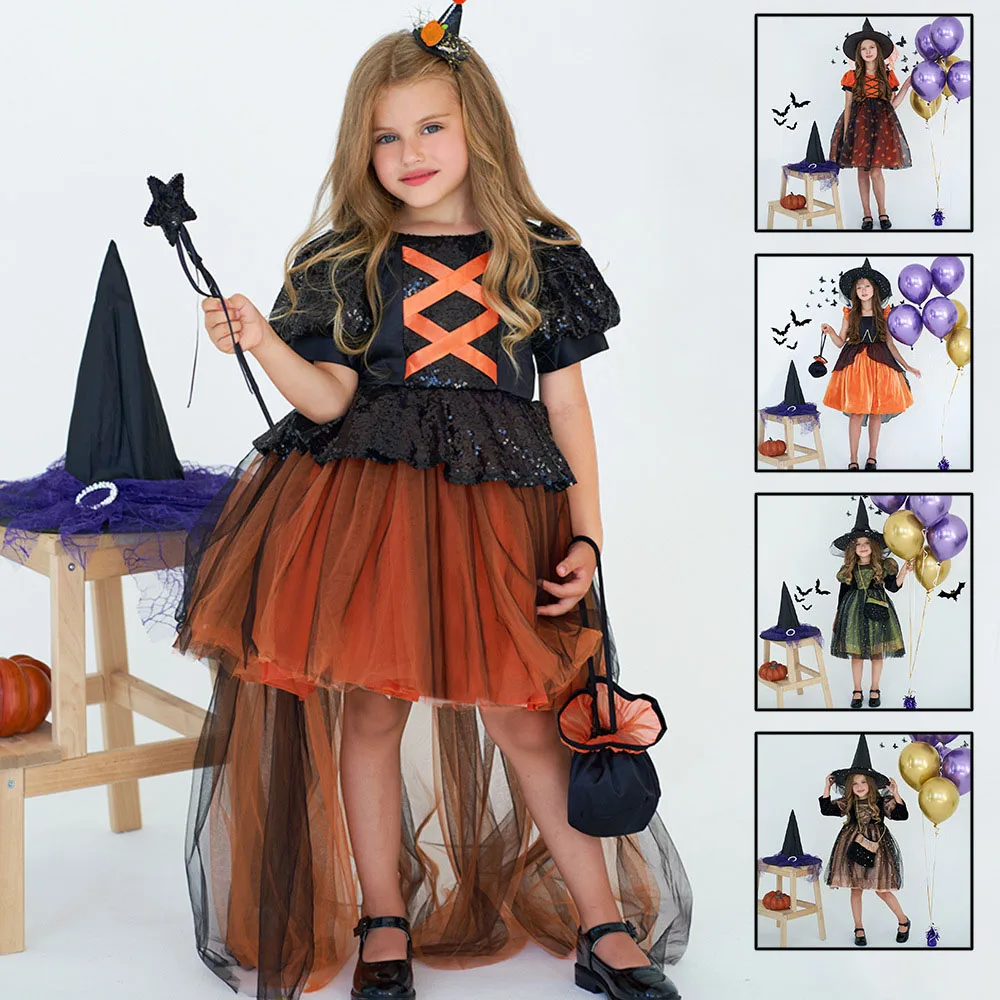 

Gorgeous Halloween Fantasy Vampire Costume Orange Pumpkin Children Cosplay Witch Princess Dress With Hat Party Perform Clothing