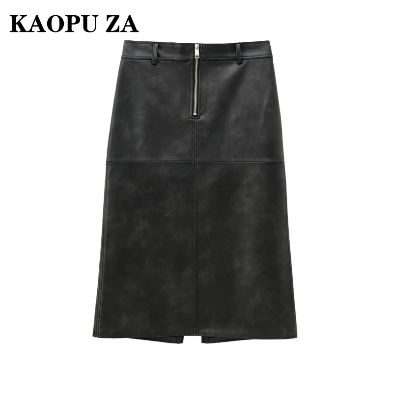 KAOPU ZA 2024 New Summer Woman's Casual Regular Fit zipper Midi Skirt Female Vintage Imitation Leather Solid Color Leather Skirt