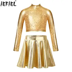 Kids Girls Latin Jazz Dance Outfit Metallic Long Sleeve Sequin Crop Top with Skirts Figure Skating Stage Performance Dancewear