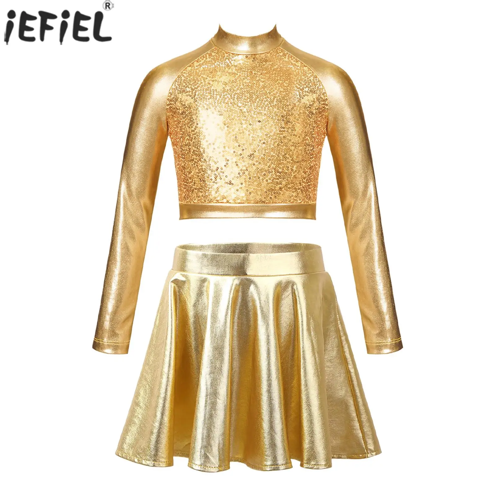 Kids Girls Latin Jazz Dance Outfit Metallic Long Sleeve Sequin Crop Top with Skirts Figure Skating Stage Performance Dancewear