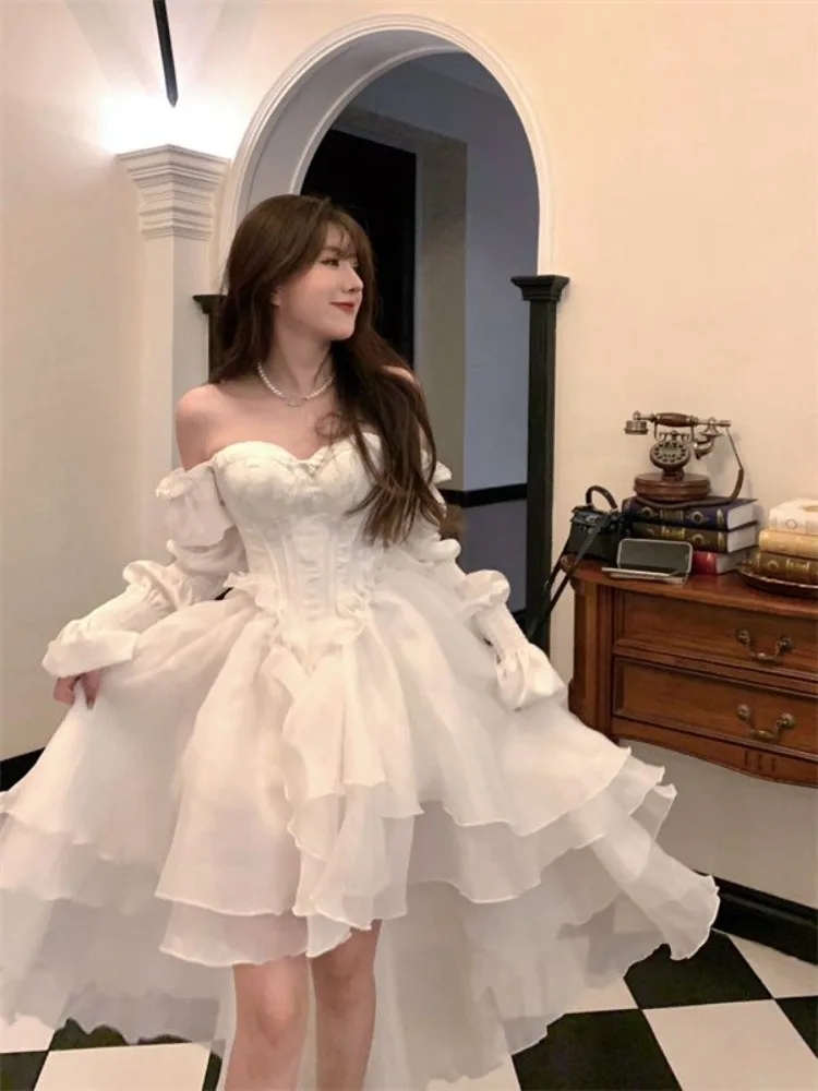 Elegant Ruffles Chic Fairy Dress Women White Sweet Korean Style Princess  Female 2025 Summer Slash Neck Casual Party 