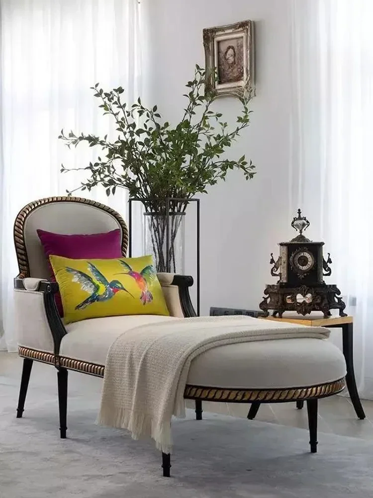 French antique solid wood chaise longue living room balcony fabric sofa recliner