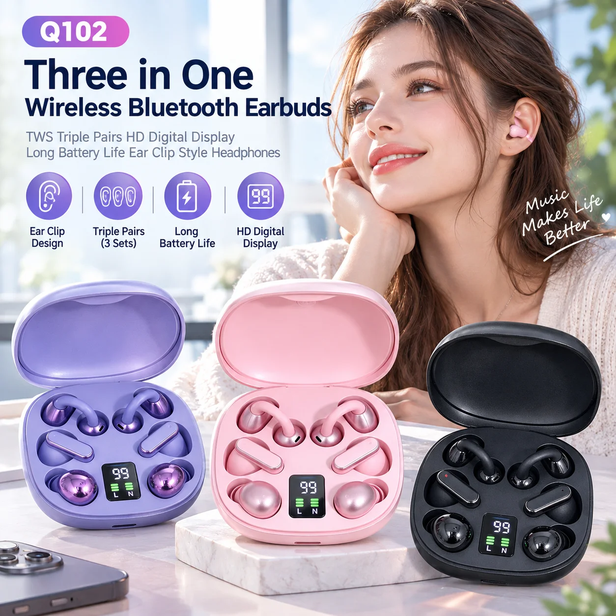 Q102 Wireless Bluetooth Earbuds Three in One TWS Triple Pairs HD Digital Display Long Battery Life Ear Clip Style Headphones