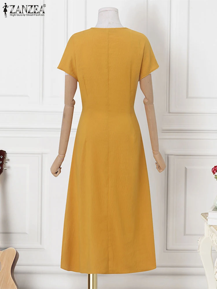 ZANZEA Letnie Sukienki Koszulowe Damskie Długa Sukienka Letnia z Bandżem Twist 2025 Elegancka Krótki Rękaw Dekolt O-Neck Codzienna Midi Vestidos Koreańska Szata