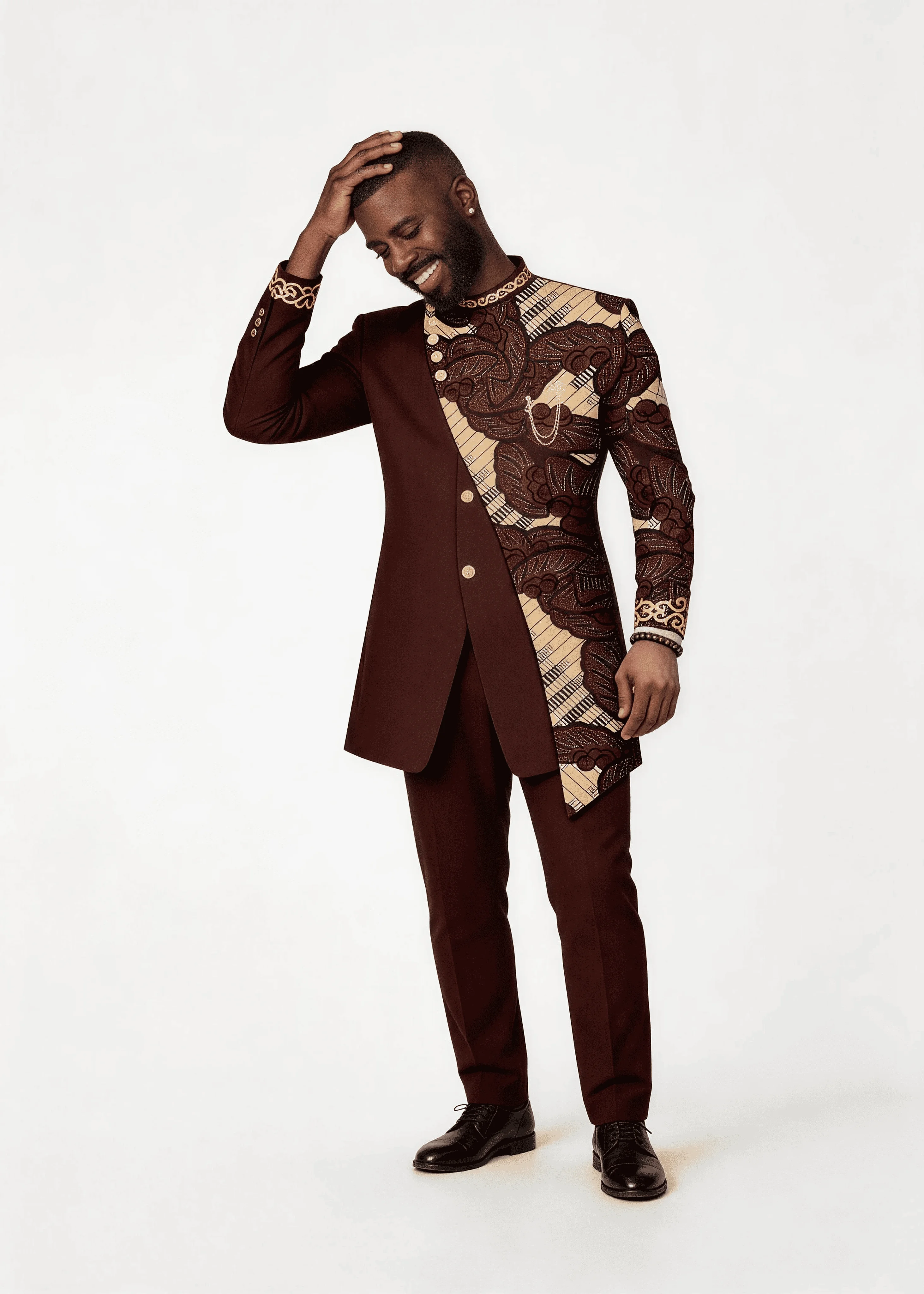 Men’s Coffee Brown Ankara Patchwork Formal Wear Set Stand Collar 2 Piece Wedding Groom Tunic Jacket & Pants Prom Party Outfit