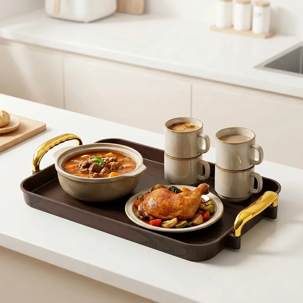 Plastic Serving Tray with Handles Anti-Slip Stackable Decorative Food Tea Coffee Breakfast Tray Kitchen Organizers Storage