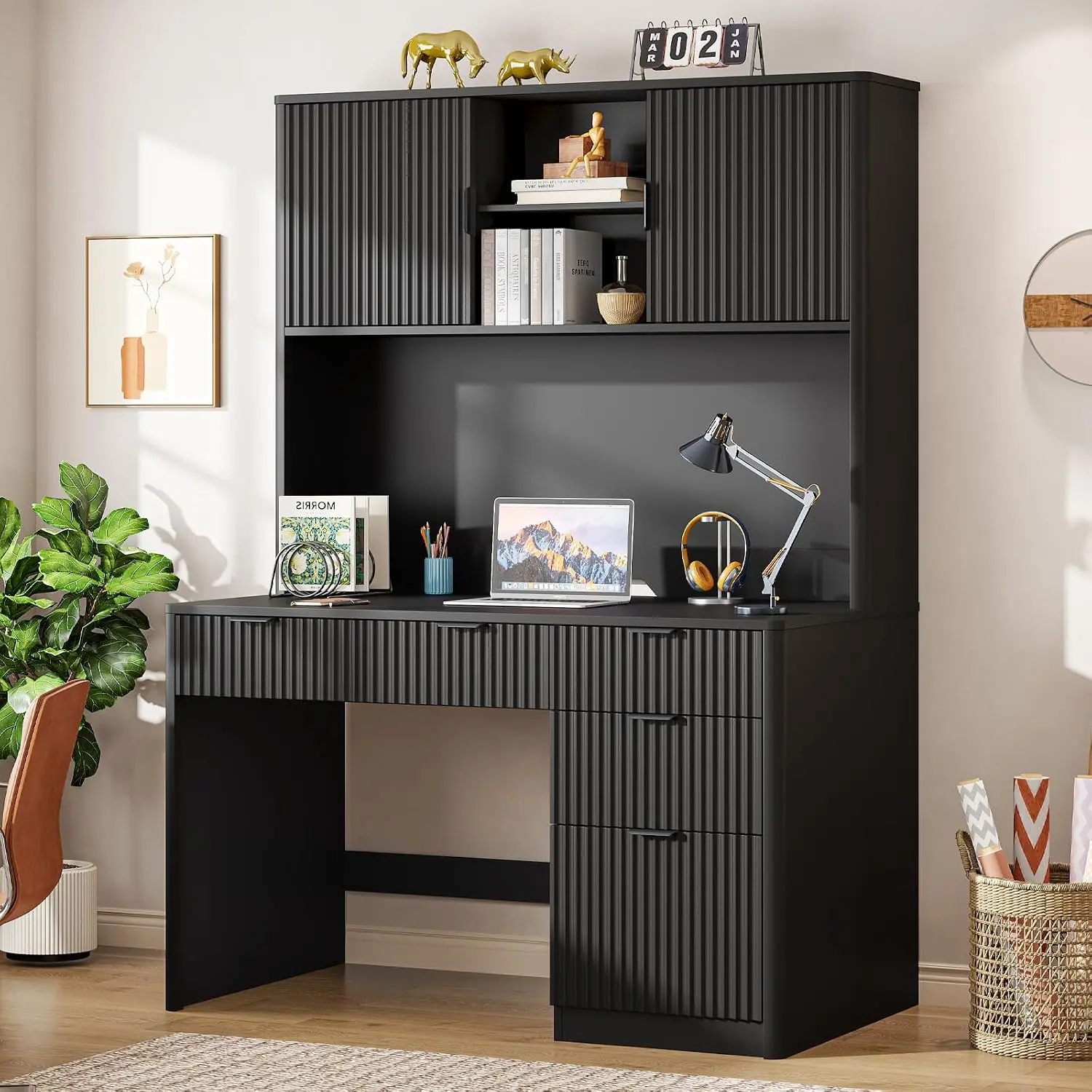 Executive Desk with Fluted Drawers, Pure Black, Customized