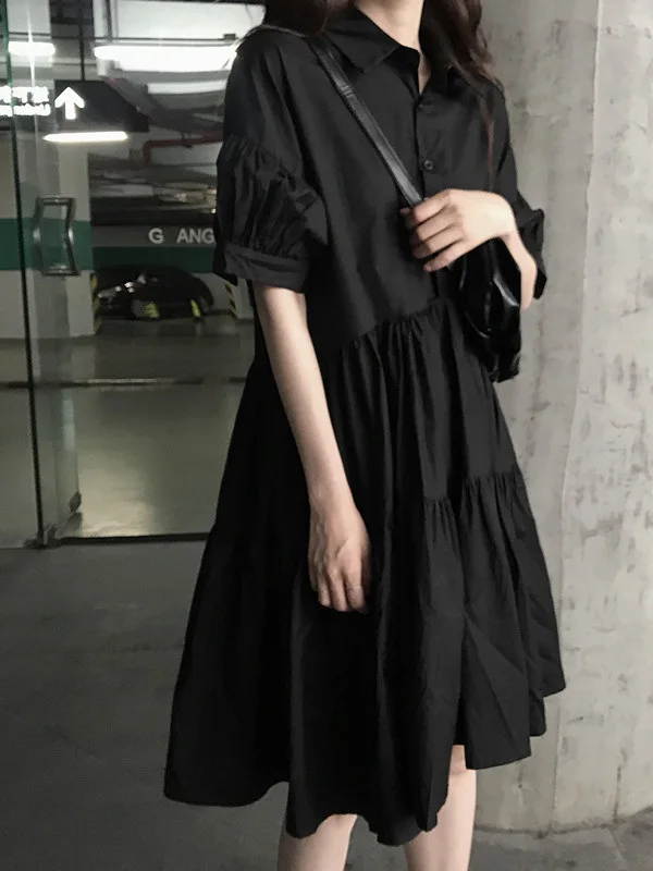 Slimming Summer New Style Retro Black Dress plus Size Women's Clothing Fat Sister MM Belly Covering Shirt Dress Casual  C...