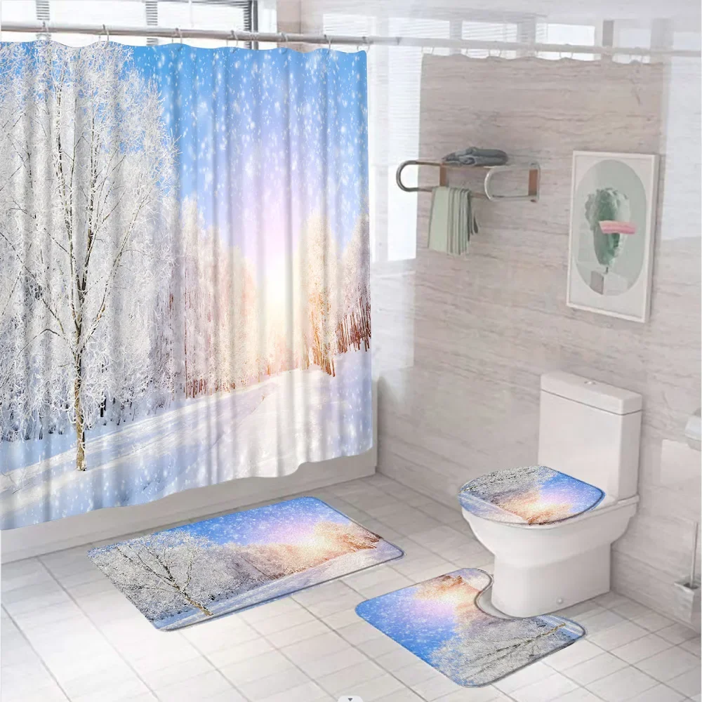 Winter Shower Curtain Set Natural Forest Snowflake Snowfall Cedar Tree Landscape Flannel Bath Mat Bathroom Rug Toilet Seat Cover