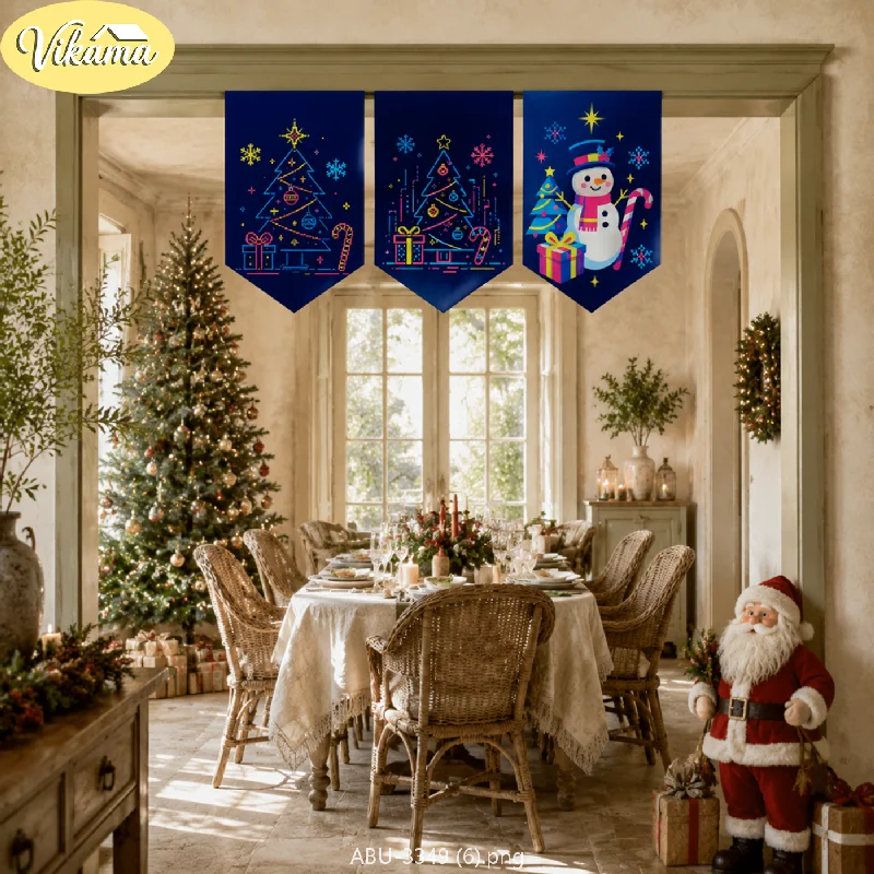 VIKAMA Christmas Triangle Bunting, Neon Line Snowman and Christmas Tree Print Triangle Bunting, Christmas Party Home Decor