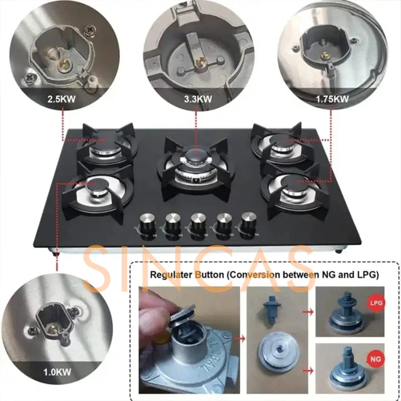 5-Burner Kitchen Island Gas Cooktop Auto Ignition Glass Panel Compatible Natural Gas LPG Build in Cooking Central Counter