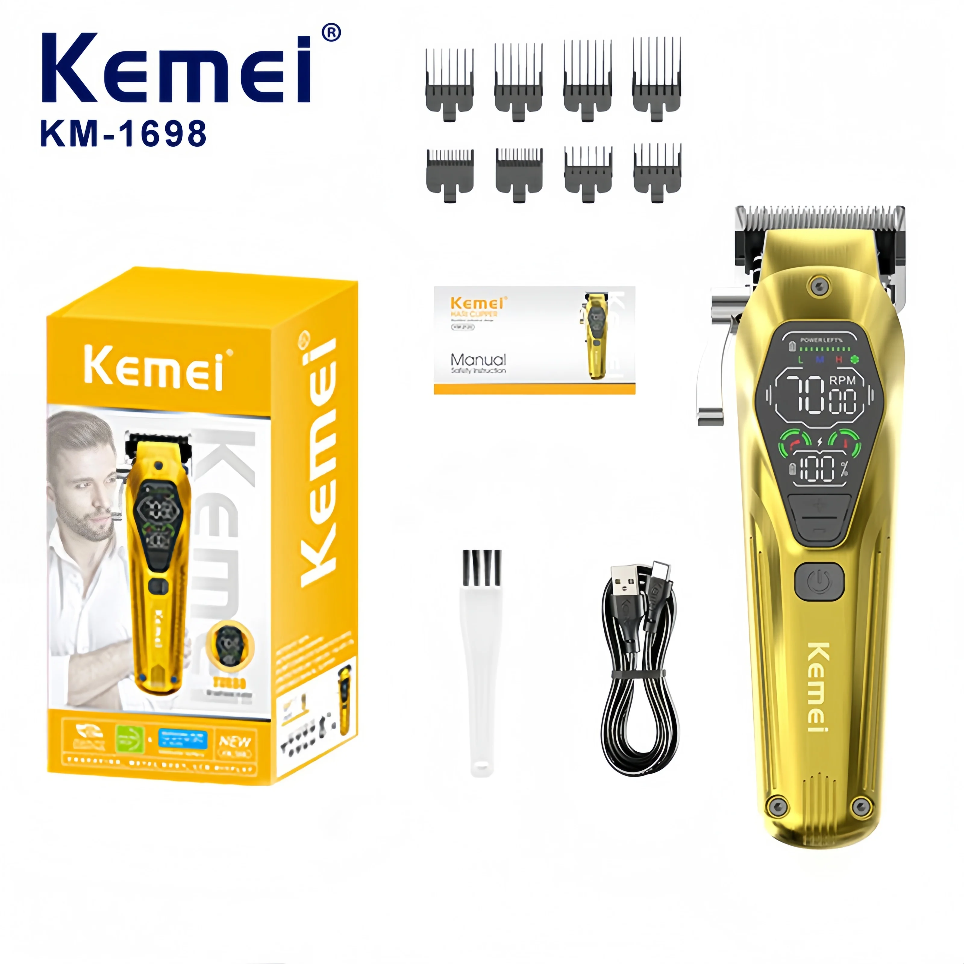 Kemei KM-1698high-power and high-speed professional electric hair clipper, USB rechargeable men's cordless electric hair clipper