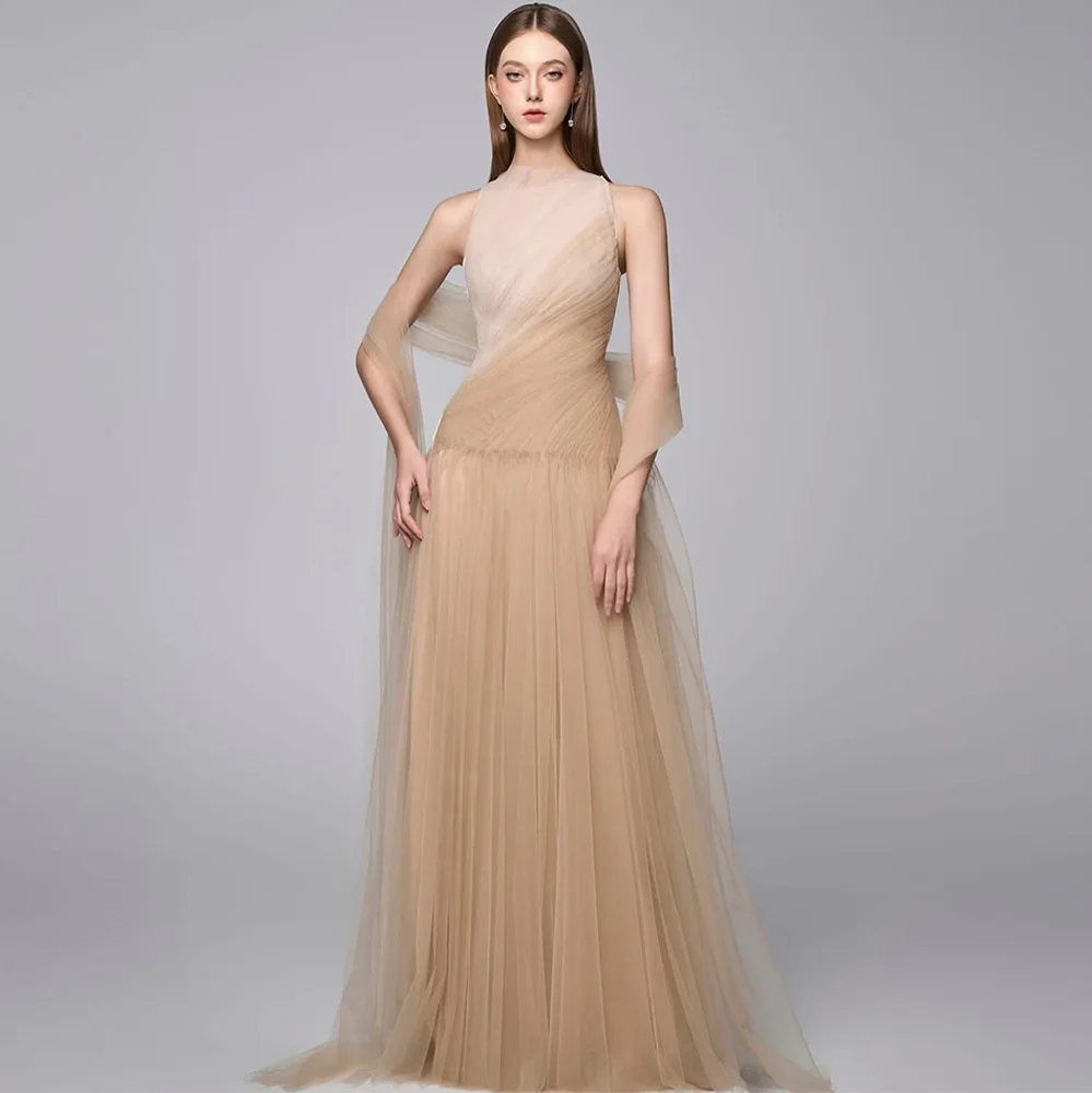 

A-Line Sleeveless Contrast Color Evening Dress Customized Sweep Train Formal Crew Neck Party Dress Tulle High Quality Prom Dress