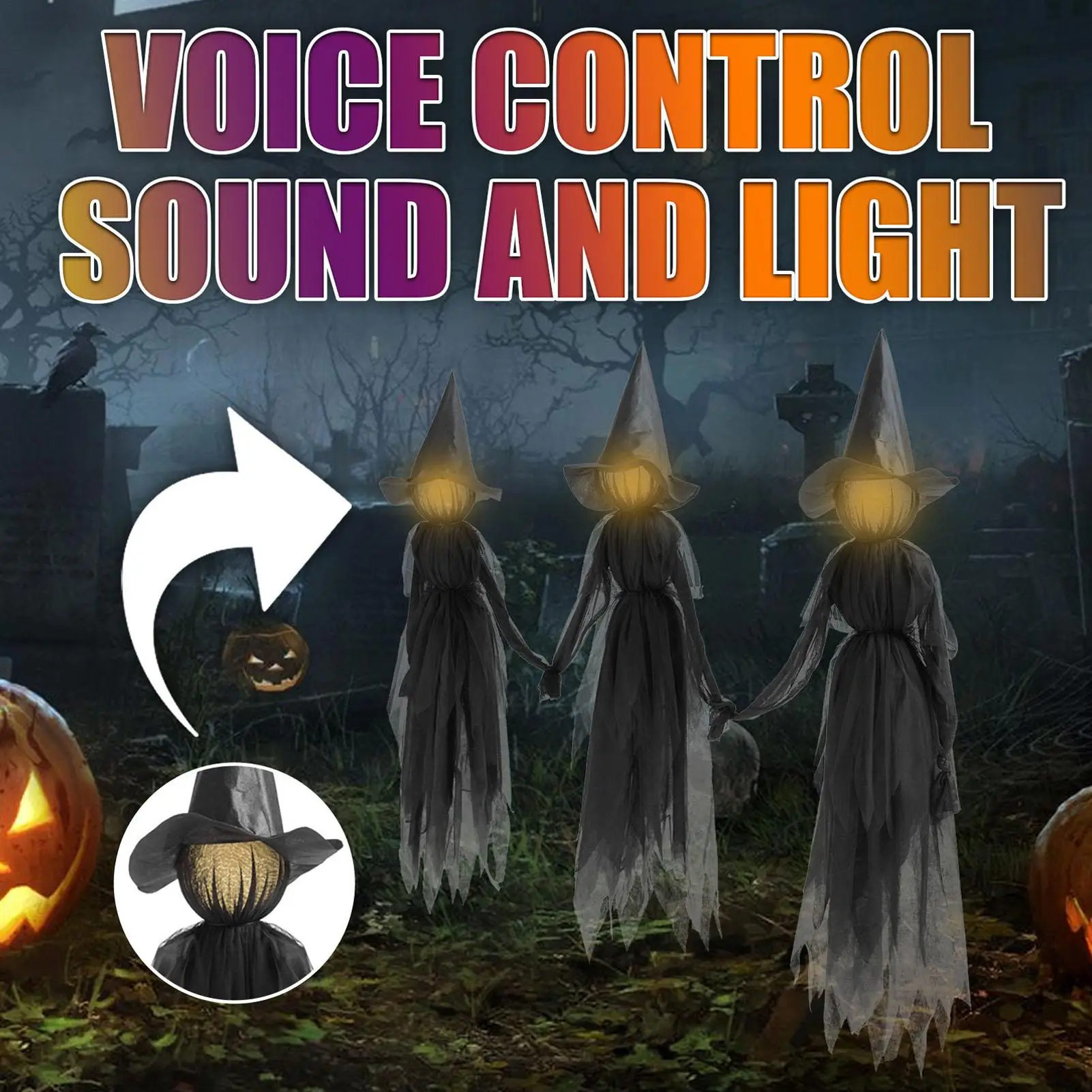 1Pcs Halloween Colourful Glow Three Hand-Holding Witches Sound-activated hand-holding witch Halloween light up decoration props