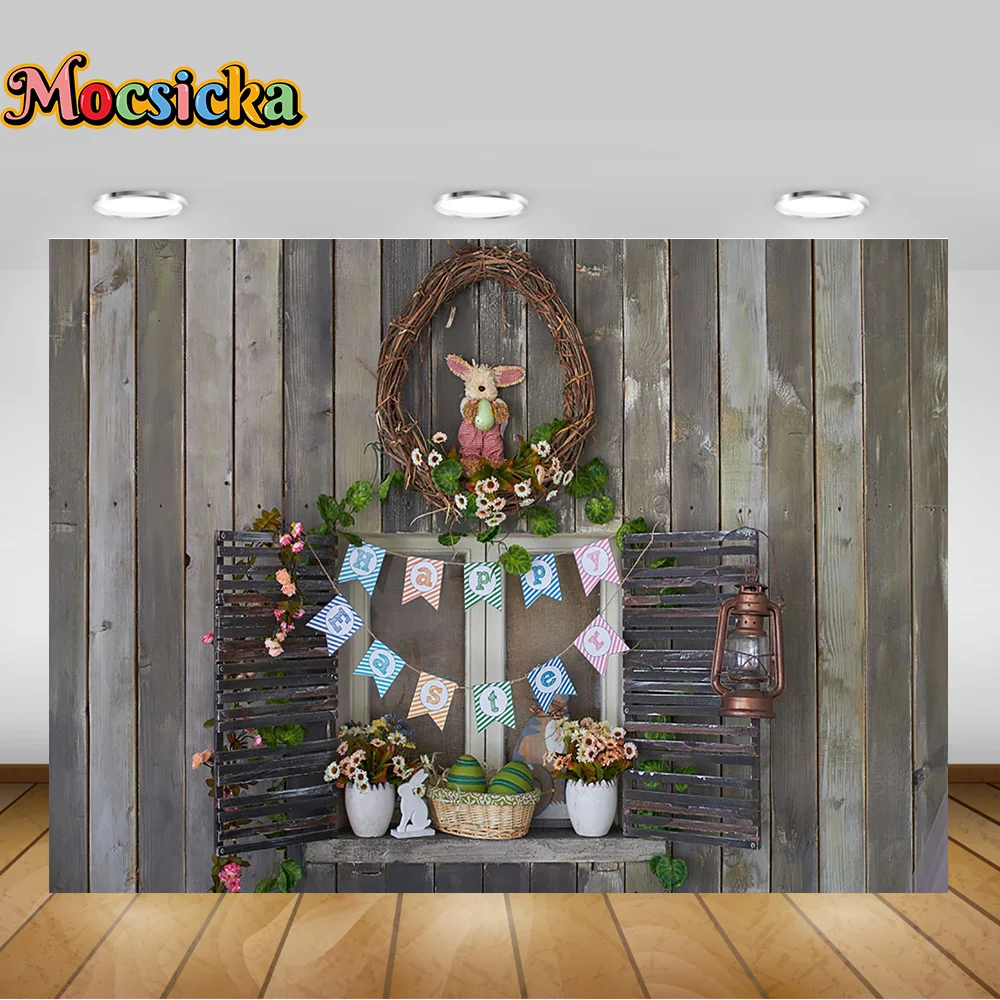 Mocsicka Easter Backgrounds Bunny Decoration Wooden Floor Backgrounds Baby Bathing Photography Backgrounds Portrait Photo Booth