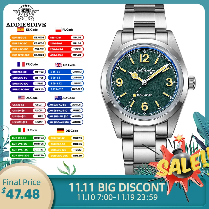 

ADDIESDIVE часы для мужчин VH31 Bubble Glass 36 мм кварцевые часы BGW9/C3 ретро светящиеся водонепроницаемые 10 бар роскошные деловые часы ﻿