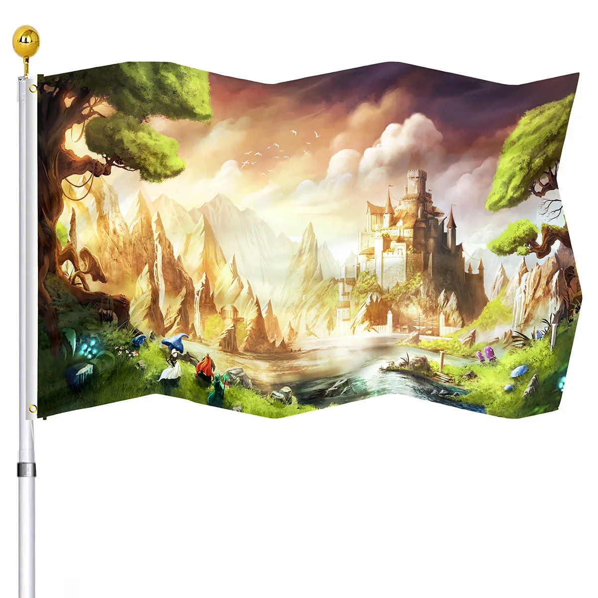 

Fantasy World Flag Fairytale Castle Hill Tree Vivid Color Double Stitched Cartoon Flags Banners with Brass Grommets Home Decor