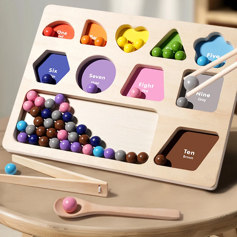 Baby Montessori Rainbow Wooden Toys Color Sorting Bead Clipping Game Educational Learning Math Toys For Kids Fine Motor Training