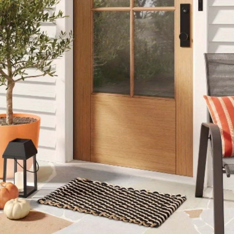 Capacho de tecido com cesta de corda de 1''6''x2''6'' preto/marrom/creme -: tapete para porta frontal externa, pilha alta