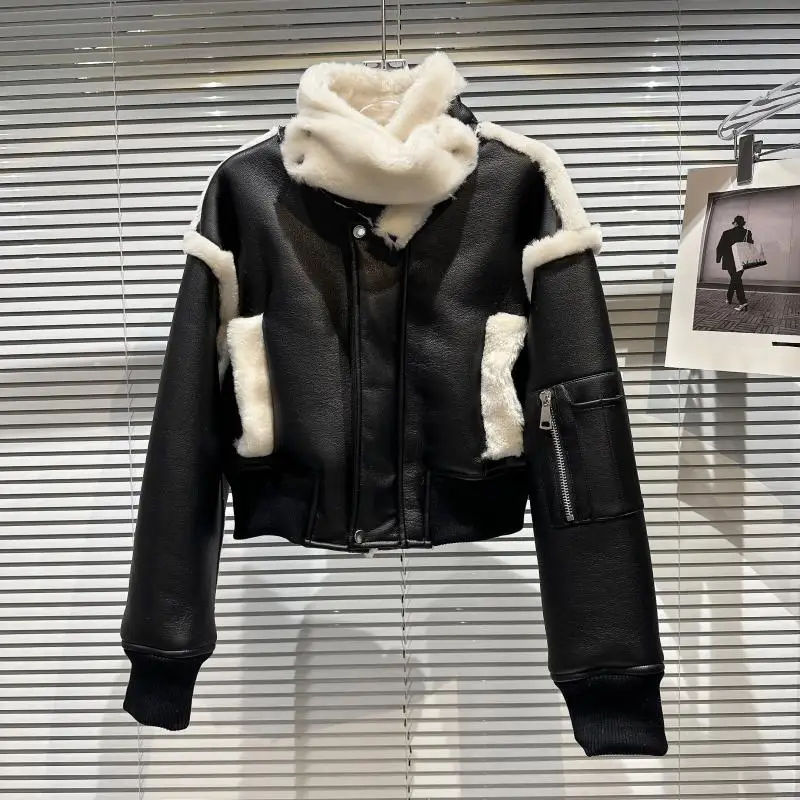 Winter Stand Collar Suede Leather Jacket Women Big Pocket Plush Splice Cotton Jackets Female Warm Thicken Zipper Parker Outwears