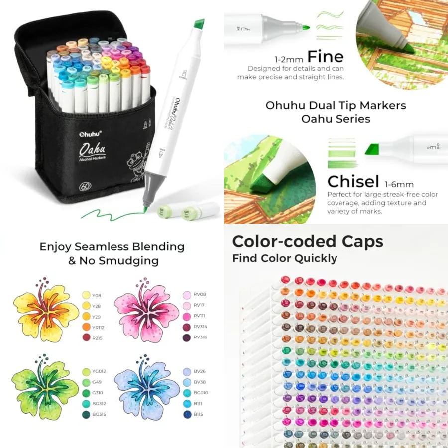 

Спиртовые маркеры Ohuhu — набор художественных маркеров с двойным наконечником для художественных раскрасок для взрослых, иллюстрация для эскизов — 60 цветов — долото Fi