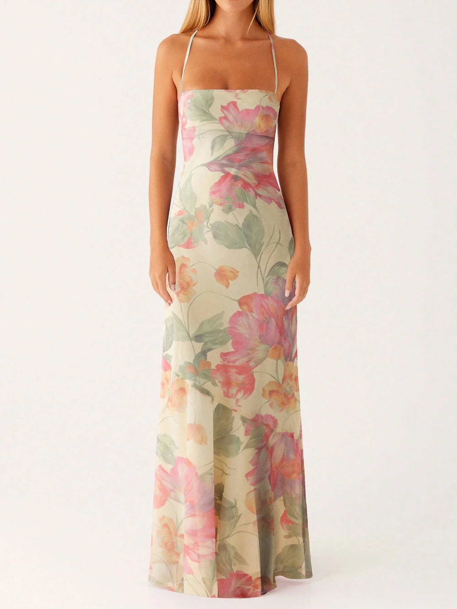 

Женское макси-платье на тонких бретелях с цветочным принтом, без рукавов, с открытой спиной, длинное летнее платье для вечеринок
