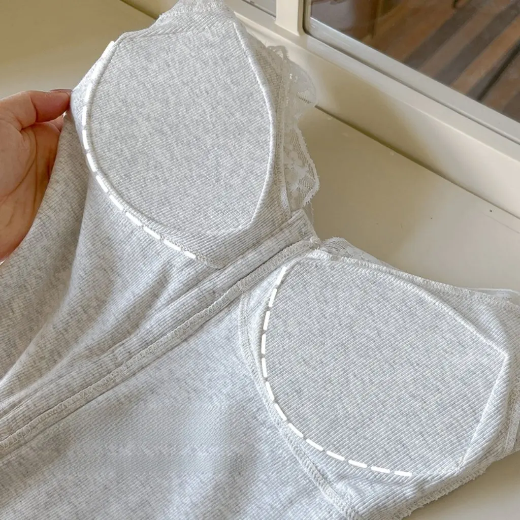 

Women's Cotton Ammonia Pit Strip Lace Belt Cup Button Camisole Pure Desire French Base Shirt Outer Wear Inner Top