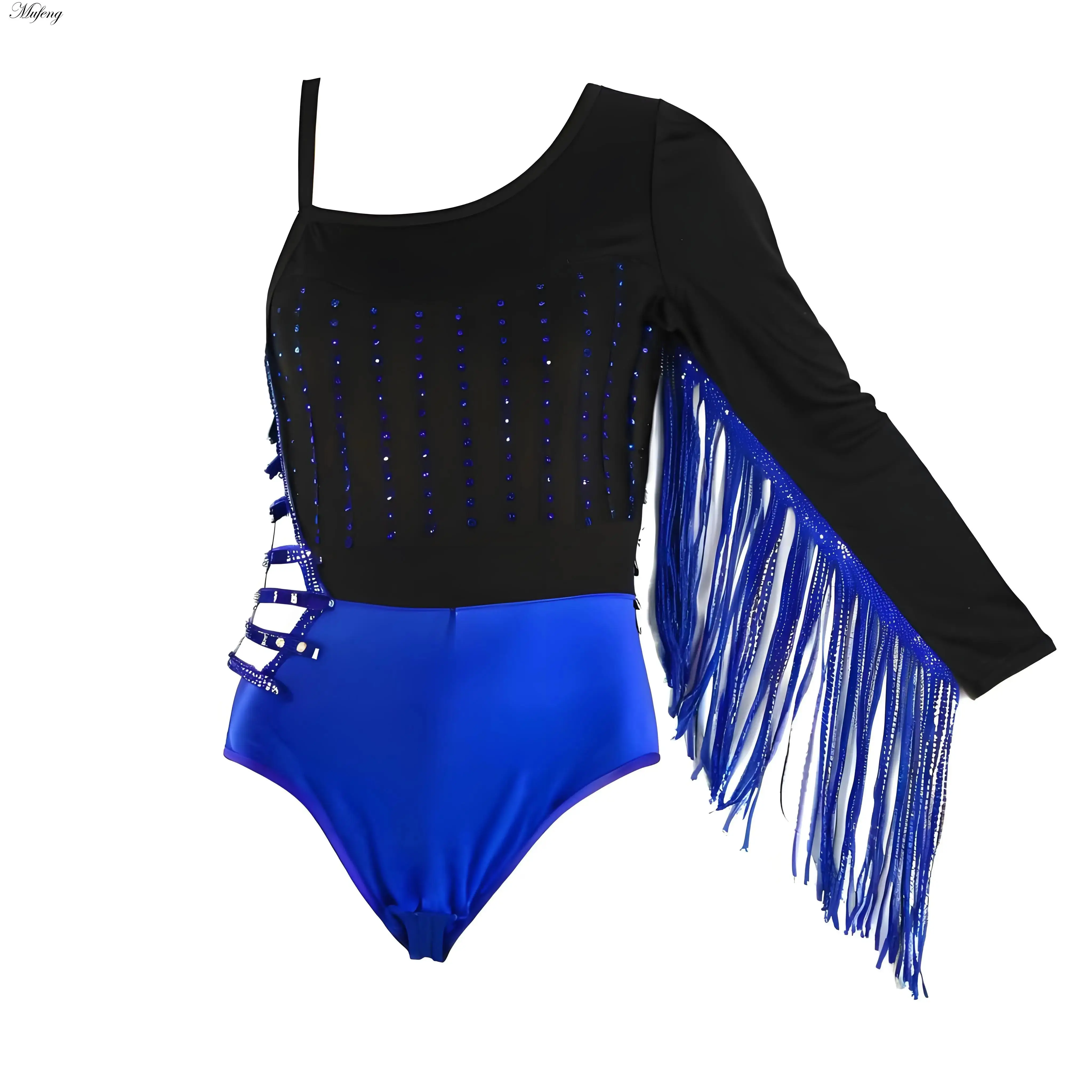 

Ballroom Latin Dance Costume One Shoulder Rhinestone Tassels Bodysuit for Cha-Cha Samba Rumba Tango Skating Dancewear Leotard