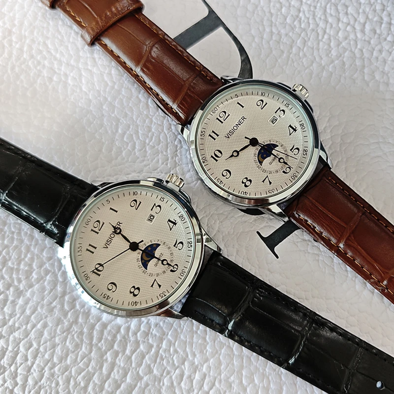 

Новинка 2024, мужские автоматические часы, винтажные стильные деловые часы, кварцевые наручные часы с календарем, часы с солнцем и луной, звездой, подарки высокого качества