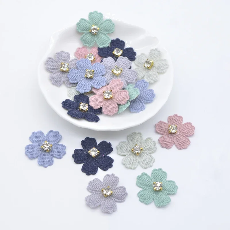 50Pcs 23mm Flower with Rhinestone Applique for Clothes Hat Leggings Sewing Patches DIY Headwear Hair Clips Bow Decor Accessories