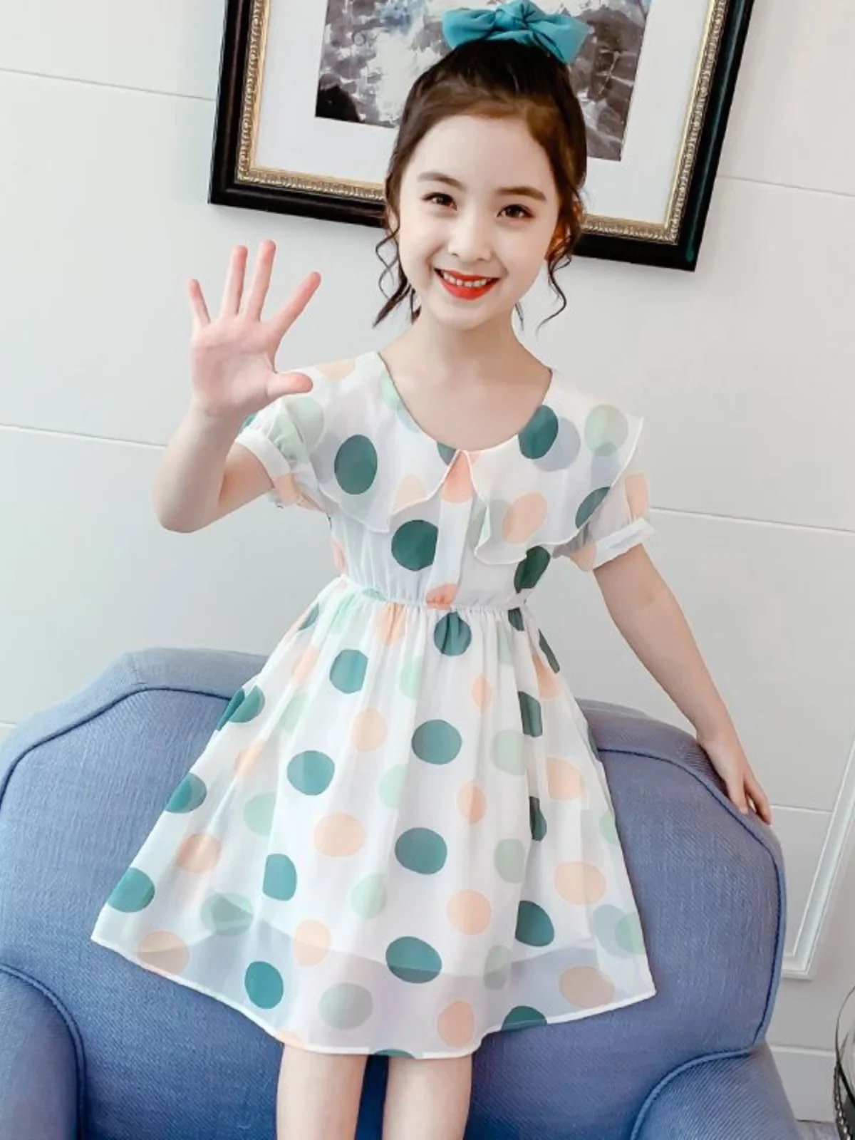 Vestido de Verão para Meninas com Estampa de Poá, Estilo Princesa, Roupa Infantil Versão Coreana, Saia Xadrez, Manga Curta, C...