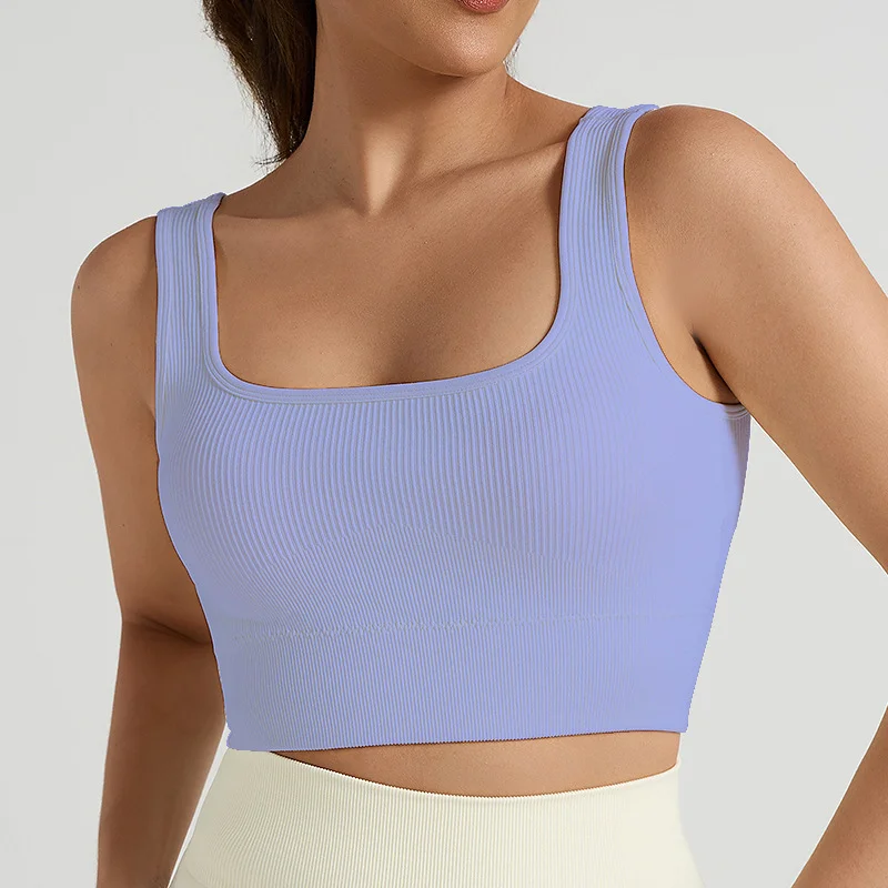 Seamless Ribbed Women Yoga Bra Quick Drying Sports Crop Tops with Breast Pad Solid U Back Gym Top Workout Running Vest